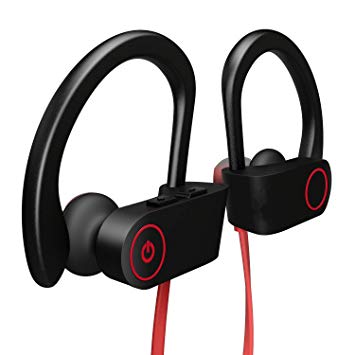 Flylet Bluetooth Headphones, Wireless Earbuds Microphone, Sports Earphones, IPX7 Waterproof Sweatproof Musical Headsets, Noise Cancelling HD Stereo Running Gym, up to 8 Hours Working Time (Black-Red)