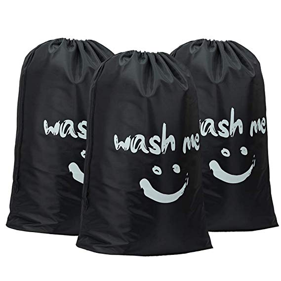 HOMEST 3 Pack XL Wash Me Travel Laundry Bag, Machine Washable Dirty Clothes Organizer, Large Enough to Hold 4 Loads of Laundry, Easy Fit a Laundry Hamper or Basket, Black