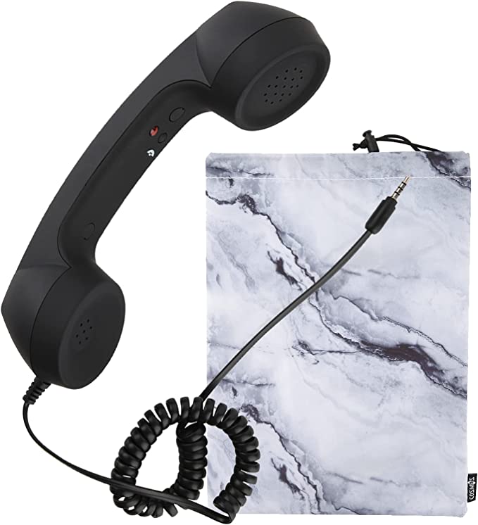 Cosmos Retro Handset Cell Phone Receiver MIC Microphone Speaker for Smartphone Cellphone with 3.5 mm Socket, Black Color with Marble Pattern Carrying Bag