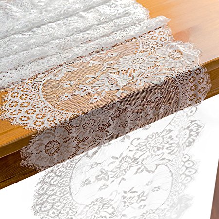 Crisky 14" x 120" Lace Table Runners Lace Overlay with Rose Vintage Embroidered, Thin, Rustic Romantic Wedding Decor, Bridal Baby Girl Shower Decoration, Vintage French Country Farmhouse Decor