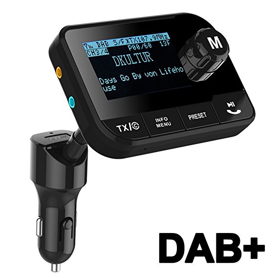 Blufree In Car DAB  Radio Adapter FM Transmitter, Bluetooth MP3 Music Receiver Handsfree Car Kit, 2.3" LCD Crystal Sound Portable DAB Digital Radio with Goose Neck/USB Car Charger/SD Card Slot/AUX Out