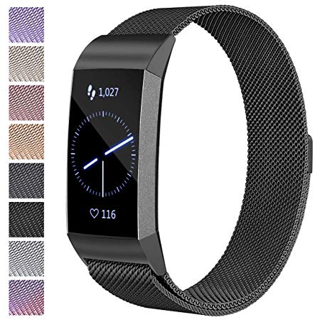 Maledan Metal Bands Compatible with Fitbit Charge 3 & Charge 3 SE, Stainless Steel Mesh Milanese Loop Magnetic Band Replacement Accessories Bracelet Strap with Unique Magnet Lock for Women Men