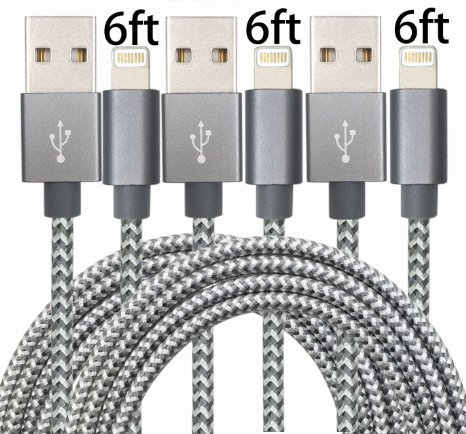 GOLDEN-NOOB 3Pack 6FT 8 Pin Lightning Cable Cord Nylon Braided Extra Long USB Charging Cable charger Cord for Apple iPhone 6/6s/6 Plus/6s Plus/5/5c/5s/SE,iPad iPod Nano iPod Touch(Gray)