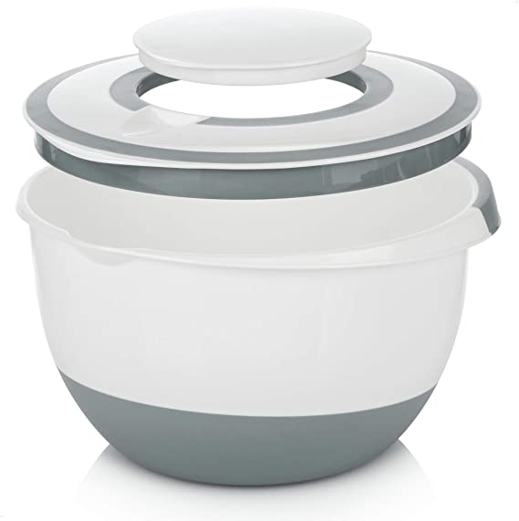 COM-FOUR® 5 l Mixing Bowl with lid, Salad Bowl, Food Storage Container & Baking Bowl with Stop Base, Splash Protection Cover, Stirring Opening, Pouring spout [Selection Varies] (1 Piece - Light Gray)