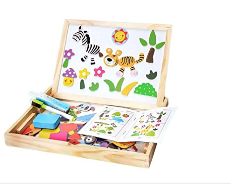 BIBNice Wooden Puzzle & Drawing Board Double-face Chalkboard Easel Educational Learning Toy for Kids,100 Pcs(Animal)