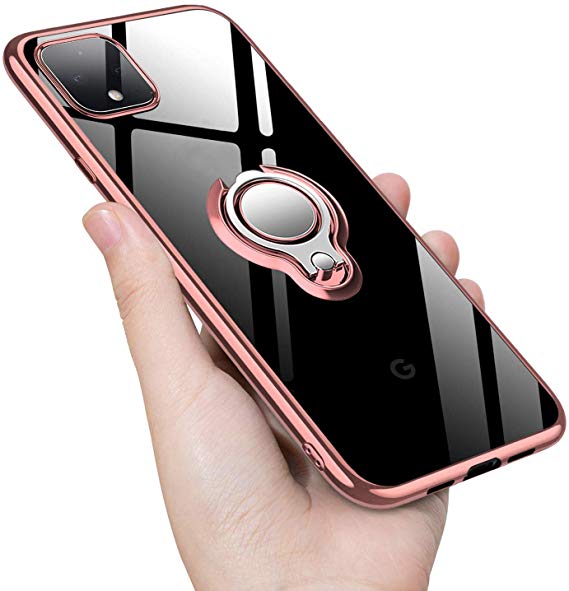 Guuboly Google Pixel 4 Case Clear with Design, Soft TPU Silicone Case with Ring Holder Kickstand Magnetic Metal Car Mount Transparent Flexible Cover for Pixel 4 (2019 Release) - Rose Gold