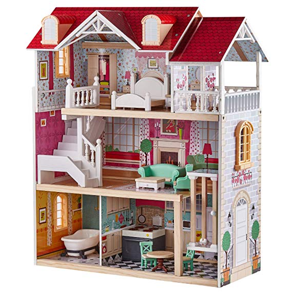 TOP BRIGHT Wooden Dollhouse with Furniture and Working Elevator Dream Doll House Toy for Girl