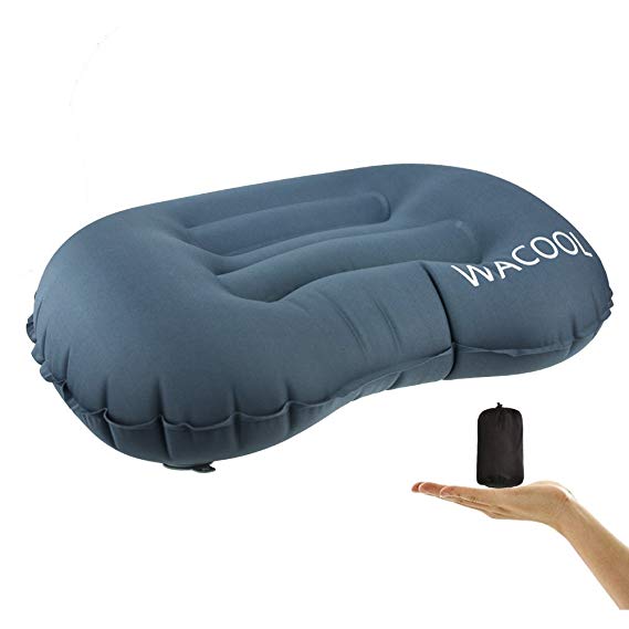 WACOOL Ultralight Inflating Travel Camping Pillow - Compressible, Compact, Inflatable, Comfortable, Ergonomic Pillow for Neck & Lumbar Support while Camp, Backpacking