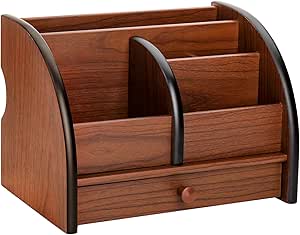 Foraineam Wooden Desk Organizer with Drawer, Remote Control Holder Caddy, Makeup Organizers, Wood Pencil Holder Desktop Supplies and Stationery Rack for Home Office School Tabletop Accessories Storage