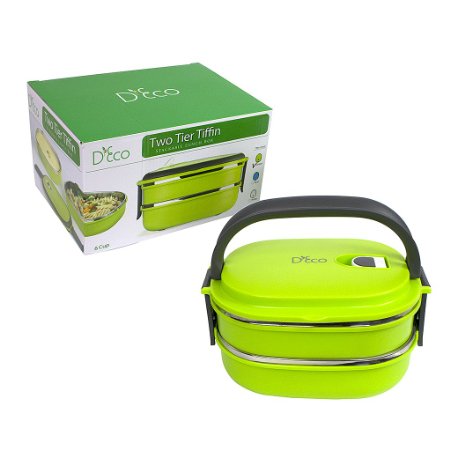 Stacking Lunch Box - Two Tier Tiffin with Vacuum Seal Lid and Stainless Steel Interior (Lime Green)
