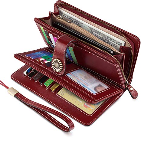 UMODE Vintage Style Genuine Leather Large Capacity RFID Wallet Organizer for Women (Wine Color)