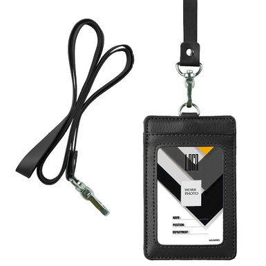Indressme 2-Sided Vertical Genuine Leather ID Badge Holder with Lanyard