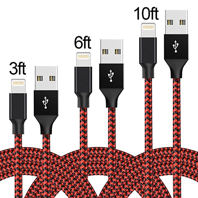 AOFU Lightning Cable,iPhone Cable iPhone Charger 3Pack 3FT 6FT 10FT Braided Cord to USB Charging for iPhone 7/7 Plus/6/6 Plus/6S/6S Plus,iPad,iPod Nano 7 (BlackRed)