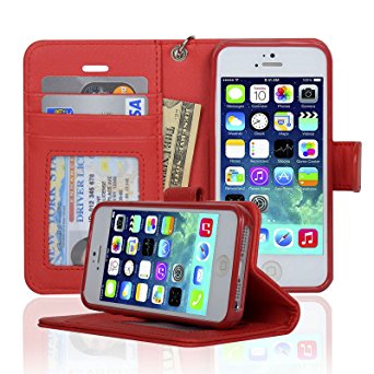 Navor Flip Wallet Book Case [Removable Wrist Strap] [Kickstand] for iPhone 5 / 5S / SE - Red (IP5ORD)