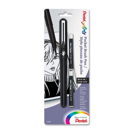 Pentel Arts Pocket Brush Pen, Includes 2 Black Ink Refills (GFKP3BPA)