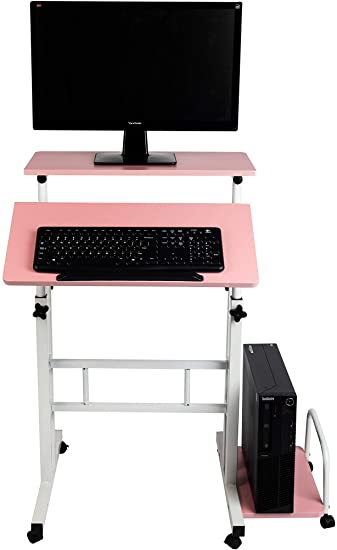 Mind Reader Mobile Sitting Standing Desk Rolling Reversible Home Office Laptop Workstation with Side Storage, Locking Wheels, Large, Pink