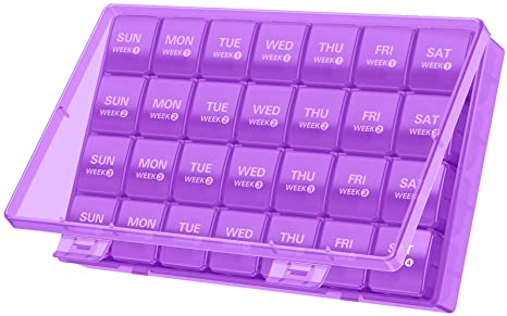 TookMag Monthly Pill Organizer 28 Day Pill Box Organizerd by Week, Large 4 Weeks One Month Pill Cases with Dust-Proof Container for Pills/Vitamin/Fish Oil/Supplements (Purple)