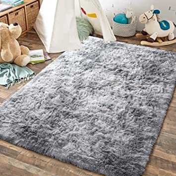 JOYFEEL Super Soft Area Rug, Modern Fuzzy Shag Fluffy Rugs for Bedroom Living Room Kids Playroom Nursery, Non Slip Carpet for Floor Tile Marble (Gray and White, 4x6 Feet)