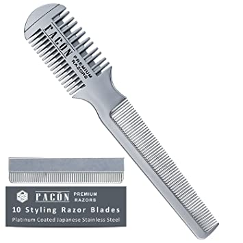 Facón Professional Hair Razor Comb Cutting Styling Thinning Texturizing Double Edge Shaper Razor   10 Replacement Blades