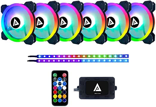 Apevia TL612L2S-RGB Twilight 120mm Silent Dual-Ring Addressable RGB Color Changing LED Fan with Remote Control, 28x LEDs & 8X Anti-Vibration Rubber Pads w/ 2 Magnetic Addressable LED Strips (6 2-pk)