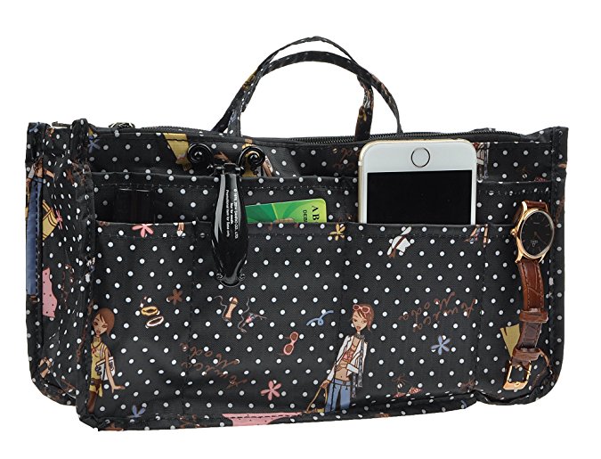 Printed Purse Insert Organizer,13 Pockets in Handbag Liner Bag In Bag with Zipper and Handles