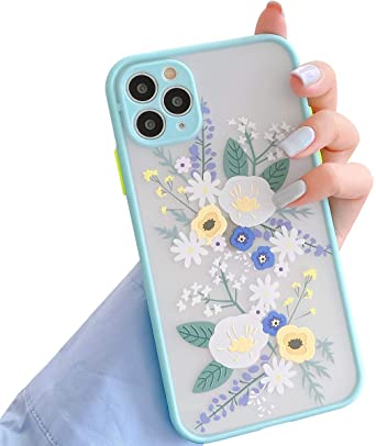 Ownest Compatible with iPhone 11 Pro Case for Clear Frosted PC Back Flowers Pattern 3D Floral Girls Woman and Soft TPU Bumper Protective Silicone Slim Shockproof Case for iPhone 11 Pro- Blue