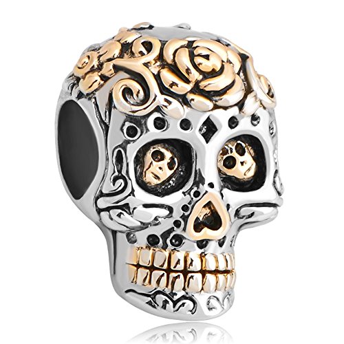 925 Silver Gold Plated Dia De Los Muertos Skeleton Skull Eye Charms Beads Fit Pandora Bracelet