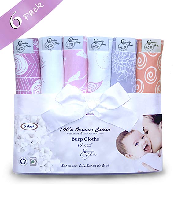 6 Pack Extra Large Organic Cotton Burp Cloths for Girls, Reversible, with 3 Layer Inner Fleece Absorbency, 10"x22"