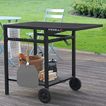 PIZZELLO BBQ Trolley Table Outdoor Grill Carts Double-Shelf Pizza Oven Trolley Movable Kitchen Island Foldable Countertop Outdoor Worktable Bar Cart with 2 Wheels