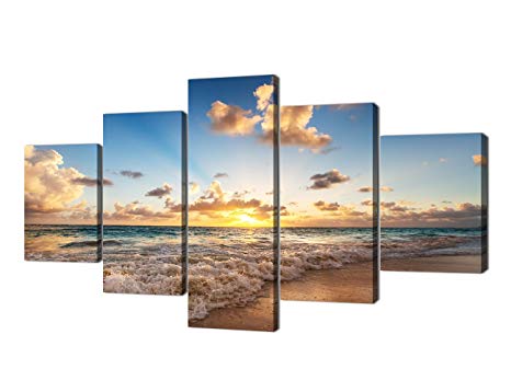Sunset Beach Wave Scene Seascape Landscape Picture Modern Painting on Canvas 5 Piece Framed Wall Art for Living Room Bedroom Home Decor Gallery Wrap Giclee Posters and Prints (60’’W x 32’’H)