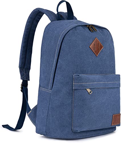 Canvas School Laptop Backpack , Durable Rucksack, Travel Notebook Bag, for Men Women Blue