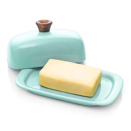 DOWAN Butter Dish with Lid, Porcelain Large Butter Dish with Handle Cover Design, 8 inches, Turquoise