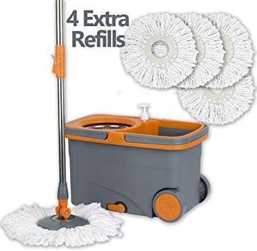 Casabella Spin Cycle Wet Mop and Bucket, Floor Cleaner with 5 Microfiber Heads, Graphite/Orange