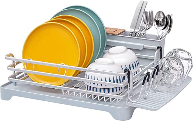 BRIAN & DANY Aluminum Dish Drying Rack, Dish Drainer with Removable Cutlery Holder& Cup Holder, Unique 360° Swivel Spout Drain Board, Light Grey