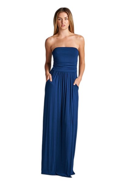 Vanilla Bay Womens Strapless Solid Maxi Dress with Pockets
