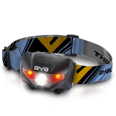 BYB Super Bright LED Headlamp Flashlight with 2 Red Lights Steady for Preserving Your Night Vision Adjustable Lighting Beam for Running Camping Reading Fishing Hunting Walking Water Resistant and Shockproof