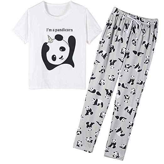 VENTELAN Women Pajamas Cute Sleepwear With Panda Pattern Long-Sleeved Loungewear