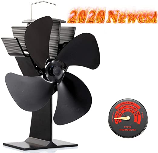 Newest Upgrade Wood Stove Fan, CRSURE SF/444 Heat Powered Fan 4-Blade for Wood Burning Stove | Log Burner | Fireplaces, Wood Burner Fireplace Fan for Stoves with Thermometer