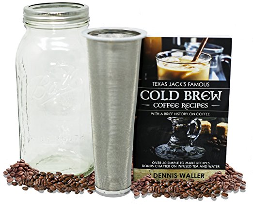 COLD BREW COFFEE MAKER [2 Quart] & 130pg Cold Brew Recipes and Instruction Book-60  Drink Recipes! Quality Ball Wide Mouth Mason Jar & Stainless Filter Basket. Make Delicious Coffee & Tea!