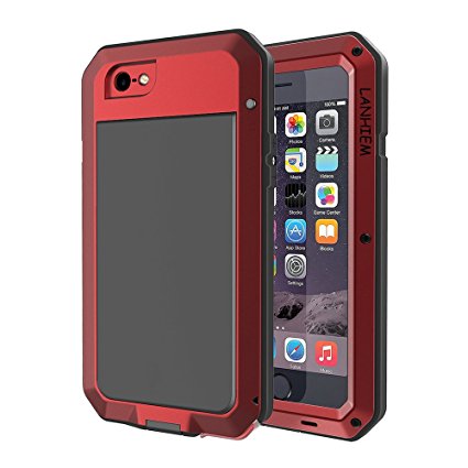 iPhone 6 / 6s Case, Heavy Duty Shockproof Lanhiem Tough Armour Metal Case with [Tempered Glass Screen Film], 360 Full Body Protective Case Cover for iPhone 6 /6s -Red
