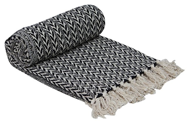 Deals of the Day - Cheveron Cotton Throw 62 x 52 Hand-Woven 100% Cotton Throw Blanket Black & White Reversible with Tassels Throws for Couch Sofa Chair - Home Decor Furnishings
