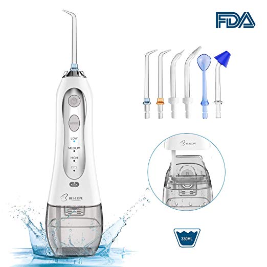 Water Flosser,BESTOPE Cordless Dental Oral Irrigator,Portable and Rechargeable,IPX7 Waterproof,3 Mode 300ML Professional Teeth Cleaner with 6 Flossing Tips for Brace and Teeth Whitening,Travel and Home Use