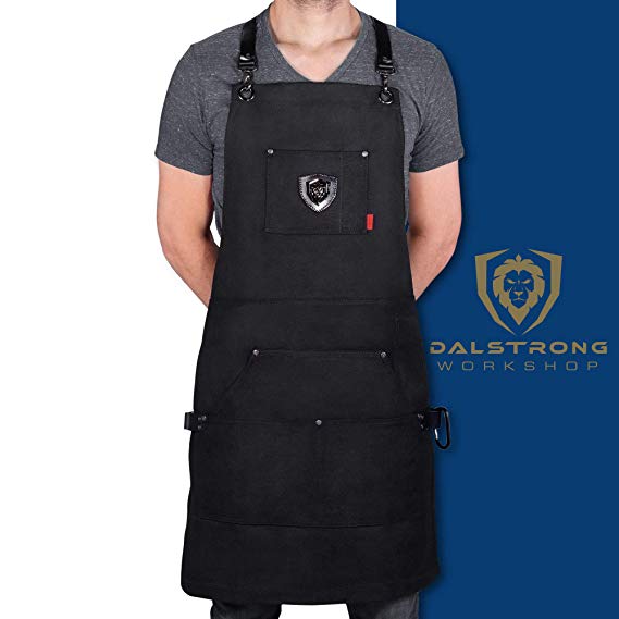 Dalstrong Professional Chef's Kitchen Apron - Sous Team 6" - Heavy Duty Waxed Canvas - 5 Storage Pockets   Towel & Tong Loop - Liquid Repellent Coating - Genuine Leather Accents - Adjustable Straps