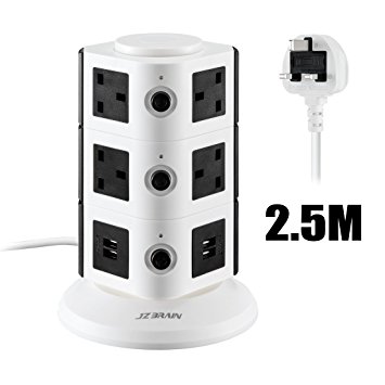 Extension Lead Vertical Power Strip with Surge Protector JZBRAIN 2.5M/8.2ft Power Extension Cord 10 Gang UK Outlets 4 smart USB Ports with Surge Protection and Overload Protection 3000W/13A (White and Black)