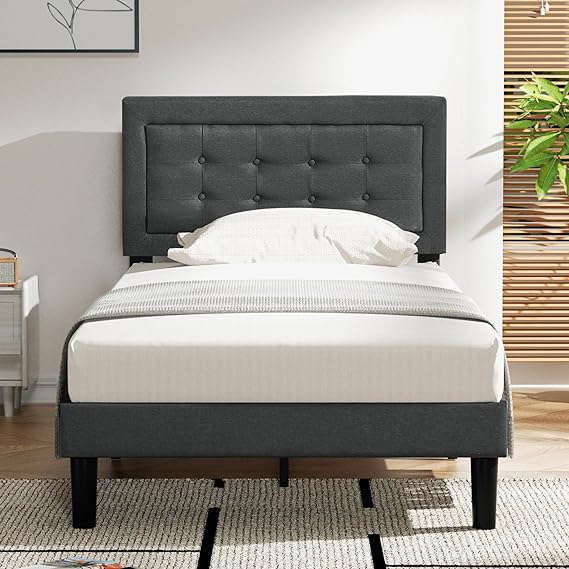 VECELO Twin Size Upholstered Bed Frame with Height Adjustable Fabric Headboard, Heavy-Duty Platform Bedframe/Mattress Foundation/Strong Wood Slat Support/No Box Spring Needed, Dark Gray