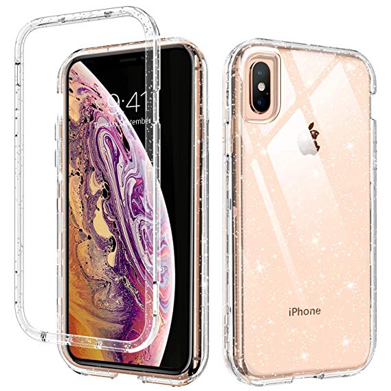 DUEDUE iPhone Xs Max Case Clear,3 in 1 Glitter Shockproof Drop Protection Heavy Duty Hybrid Hard PC Transparent TPU Bumper Full Body Protective Case for iPhone Xs Max/6.5'' for Women/Girls,Clear