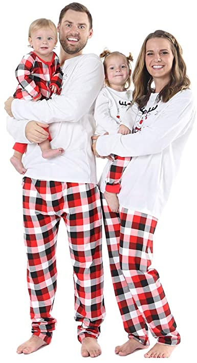 BOBORA Christmas Pyjamas Family Cotton Sleepwear Set Merry Christmas Santa Prints Top with Checkered Striped Bottoms Pjs Set for Daddy Mommy and Me (2PCs)