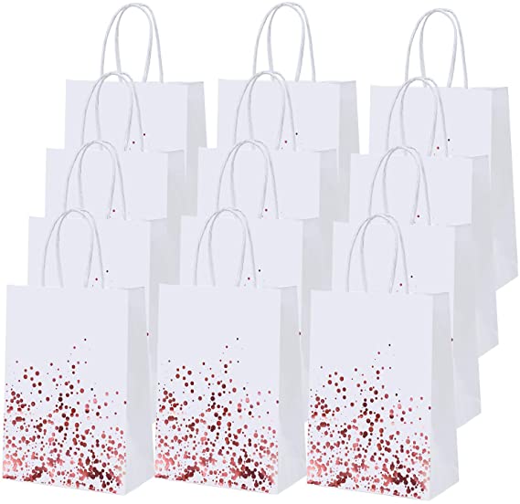 Cooraby 30 Pieces Dot Paper Bags White Paper Gift Bags Birthday Kraft Bag Hen Party Bag Bronzing Rose Gold Bride Wedding Bags with Handle for Party Celebrations