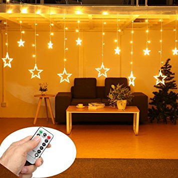 Star Curtain Lights - SOLMORE 12 Stars 138 LEDs Curtain String Lights Window Lights DIY Lighting 8 Modes Dimmable with Remote for Xmas Wedding Party Backdrops Home Bedroom Indoor Wall Decorations