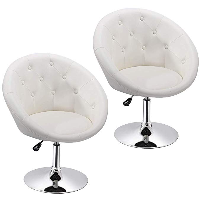 Yaheetech Adjustable Modern Round Tufted Back Chair Tilt Swivel Chair Vanity Chair Barstool Lounge Pub Bar (White 2pcs)